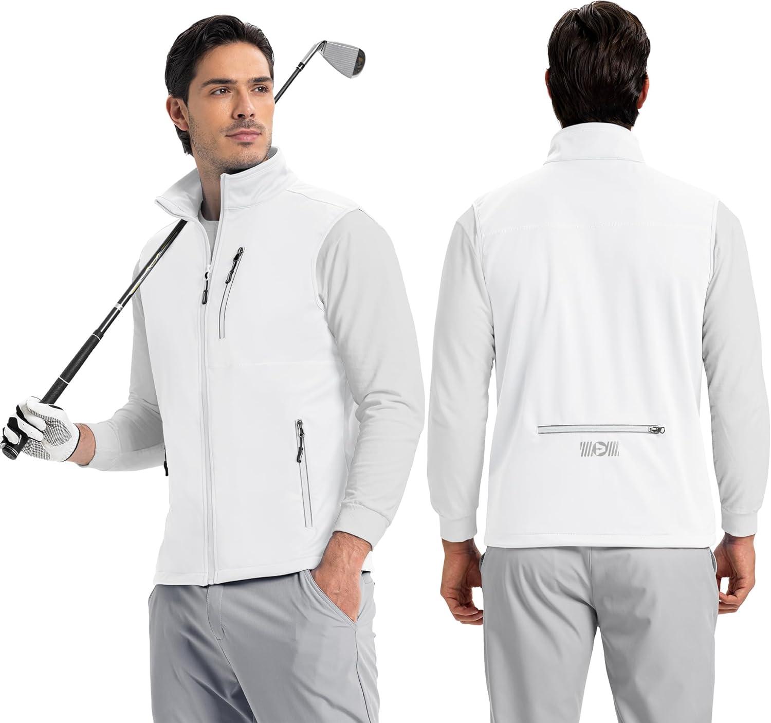 Outdoor Ventures Men’s Windproof Softshell Vest Outerwear Lightweight Sleeveless Jacket for Running Golf Hiking Travel(White)