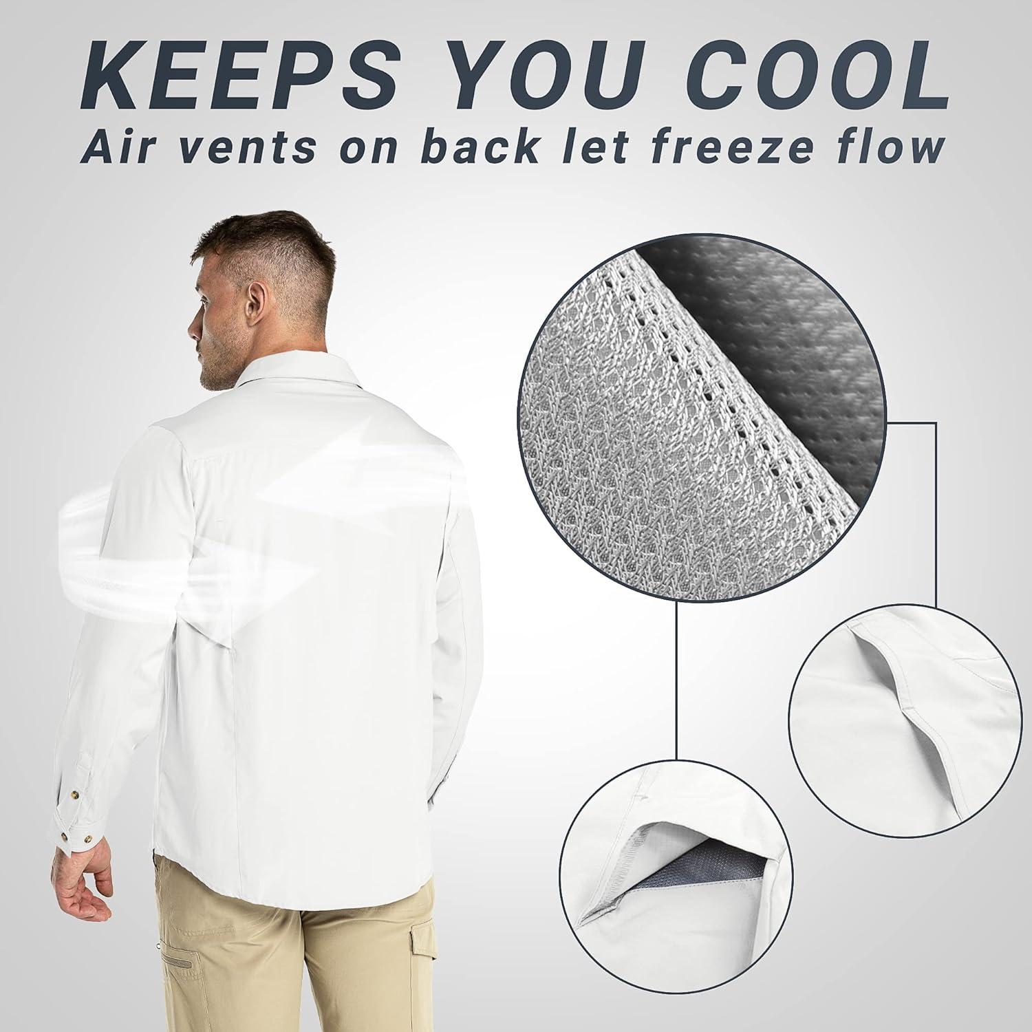 Outdoor Ventures Men’s UPF 50+ UV Sun Protection SPF Hiking Shirt Long Sleeve Lightweight Quick Dry for Safari Travel Fishing(White)