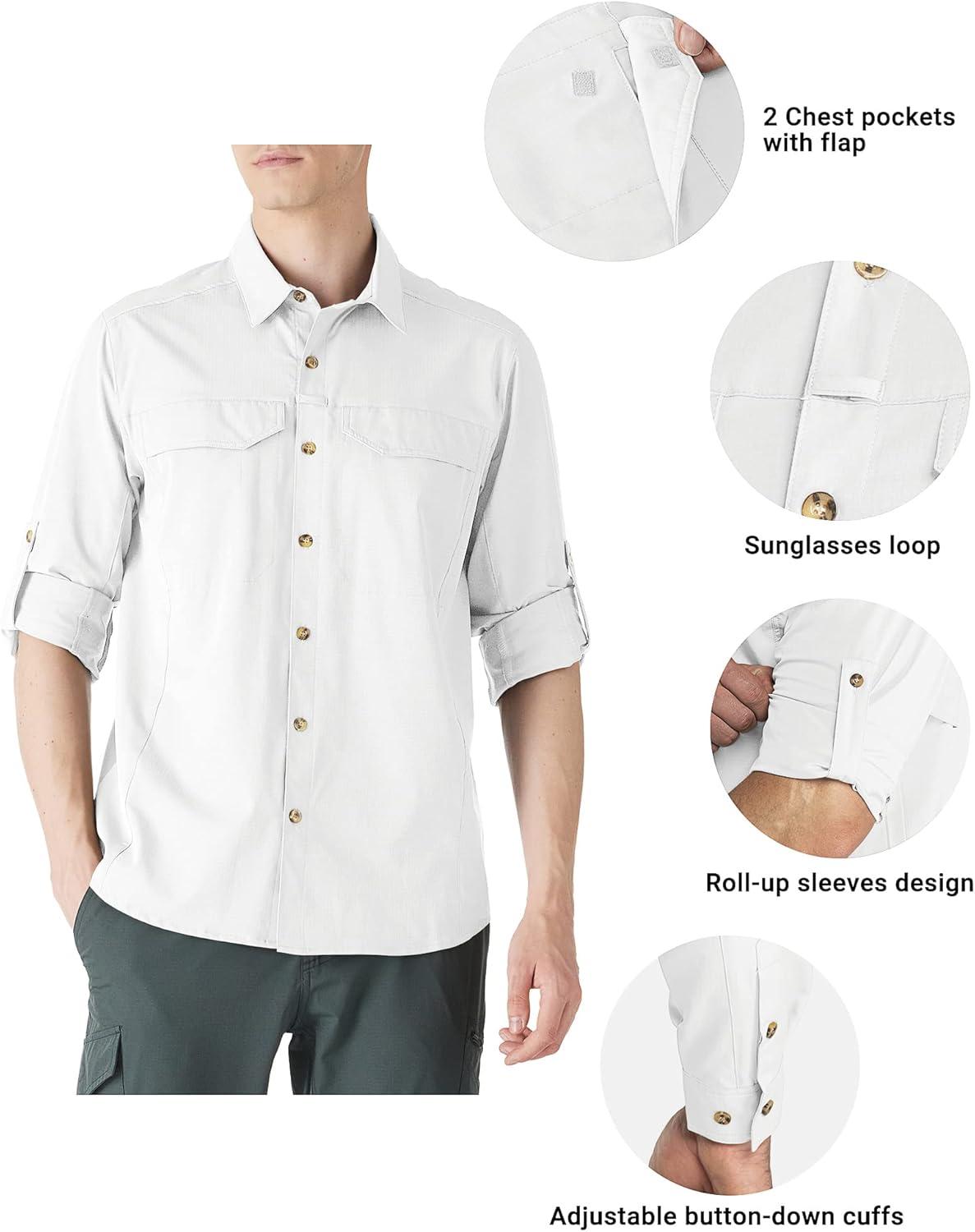 Outdoor Ventures Men’s UPF 50+ UV Sun Protection SPF Hiking Shirt Long Sleeve Lightweight Quick Dry for Safari Travel Fishing(White)
