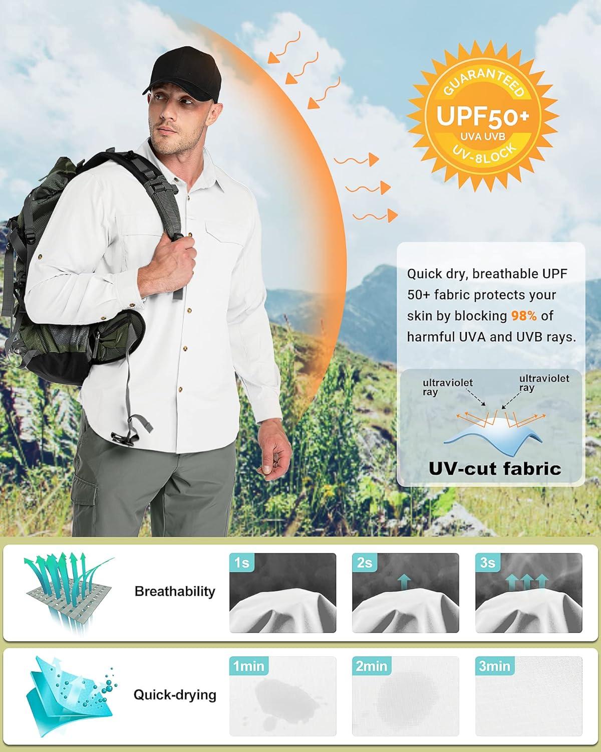 Outdoor Ventures Men’s UPF 50+ UV Sun Protection SPF Hiking Shirt Long Sleeve Lightweight Quick Dry for Safari Travel Fishing(White)