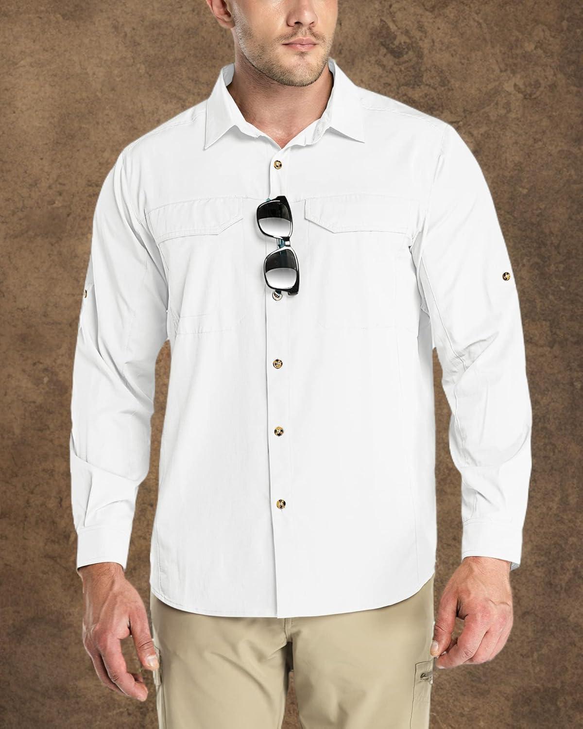 Outdoor Ventures Men’s UPF 50+ UV Sun Protection SPF Hiking Shirt Long Sleeve Lightweight Quick Dry for Safari Travel Fishing(White)