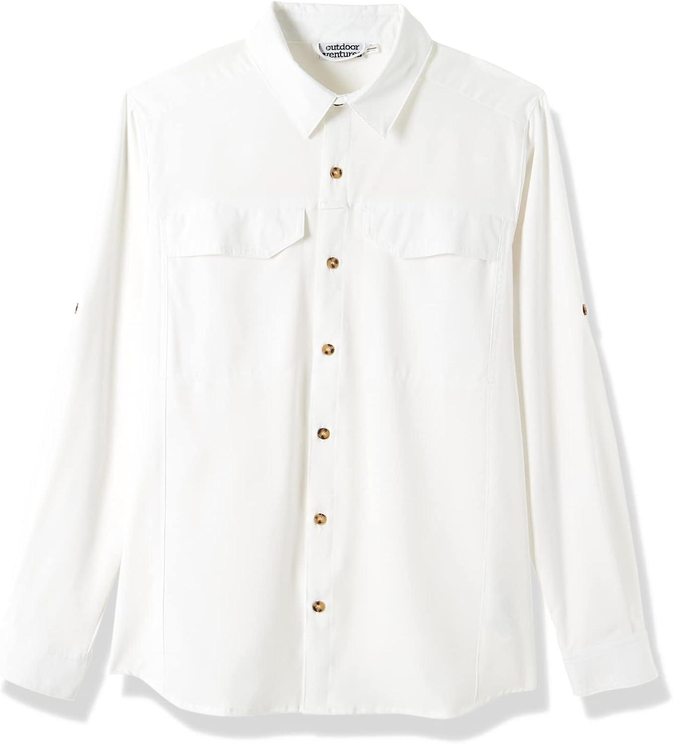 Outdoor Ventures Men’s UPF 50+ UV Sun Protection SPF Hiking Shirt Long Sleeve Lightweight Quick Dry for Safari Travel Fishing(White)