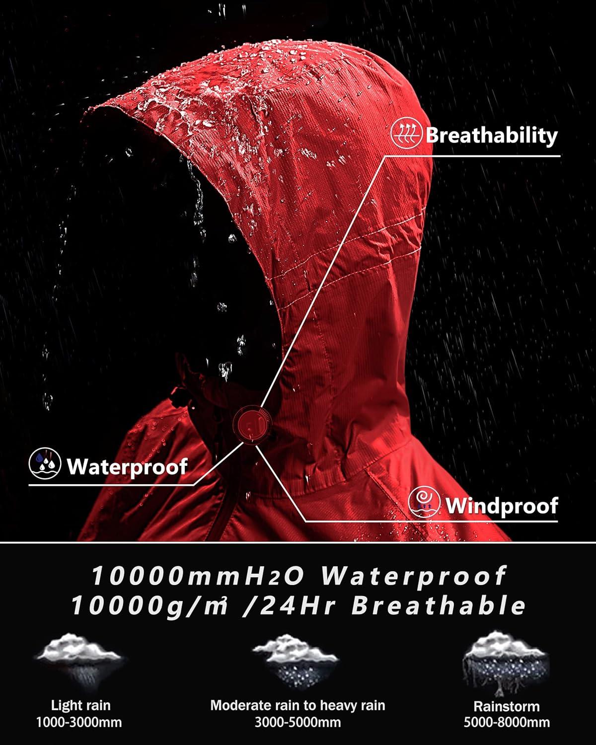Outdoor Ventures Men’s Packable Rain Jacket Waterproof Lightweight Raincoat with Hood Windproof Cycling Jackets(Bright Red)