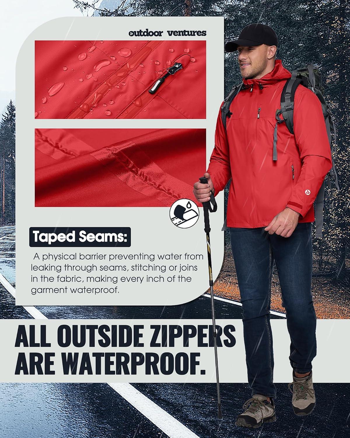 Outdoor Ventures Men’s Packable Rain Jacket Waterproof Lightweight Raincoat with Hood Windproof Cycling Jackets(Bright Red)