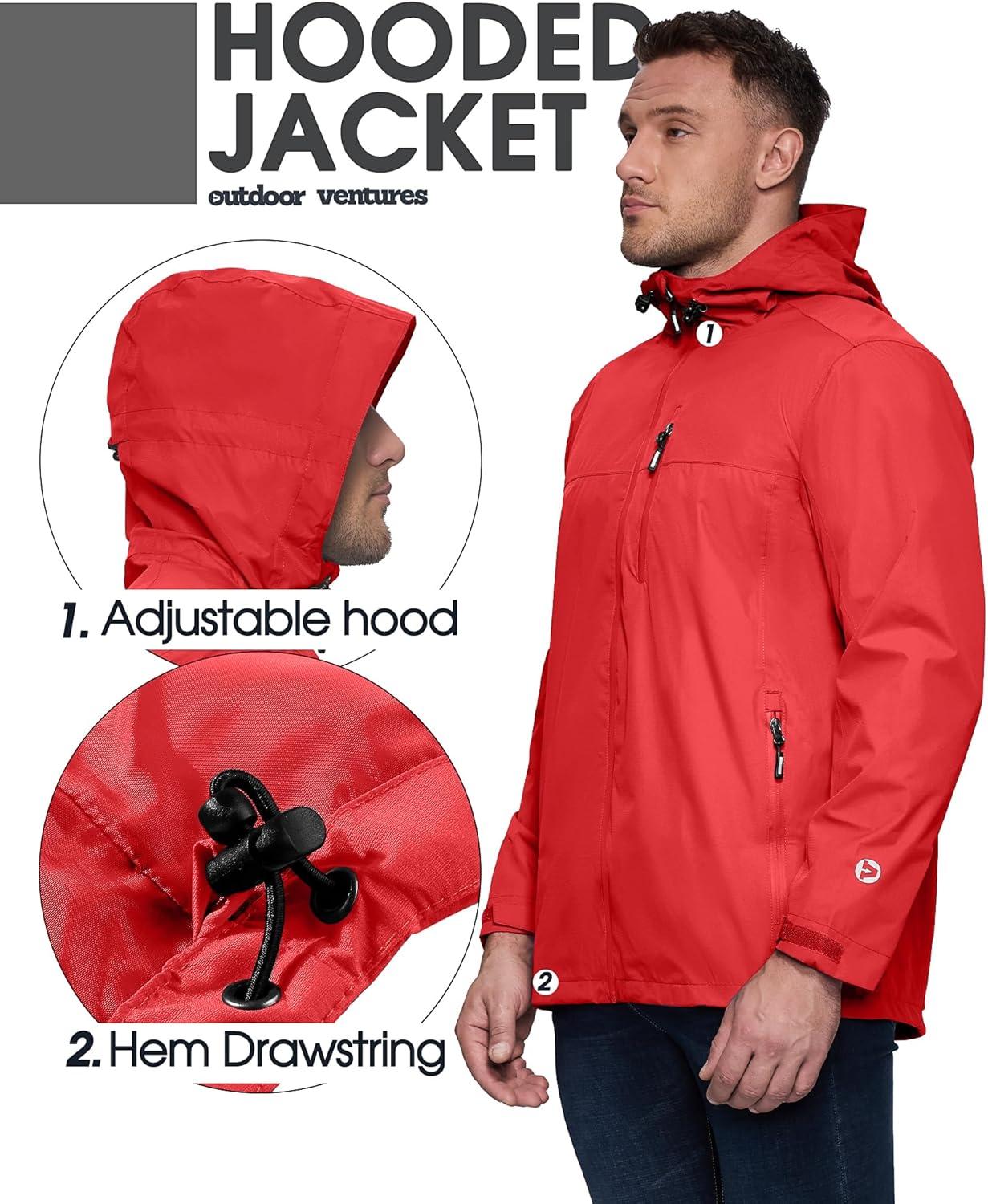Outdoor Ventures Men’s Packable Rain Jacket Waterproof Lightweight Raincoat with Hood Windproof Cycling Jackets(Bright Red)