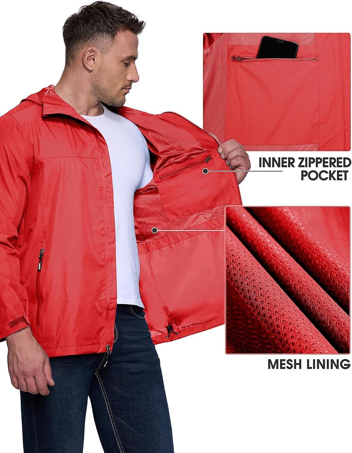 Outdoor Ventures Men’s Packable Rain Jacket Waterproof Lightweight Raincoat with Hood Windproof Cycling Jackets(Bright Red)