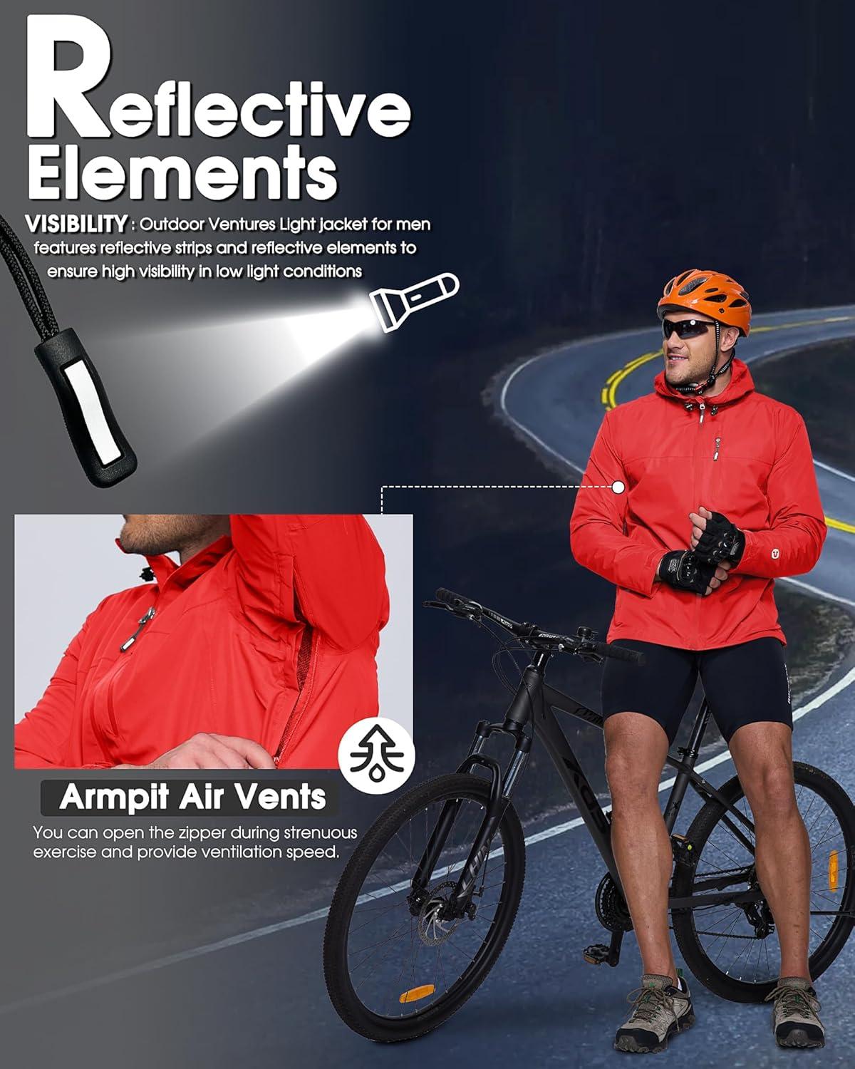 Outdoor Ventures Men’s Packable Rain Jacket Waterproof Lightweight Raincoat with Hood Windproof Cycling Jackets(Bright Red)