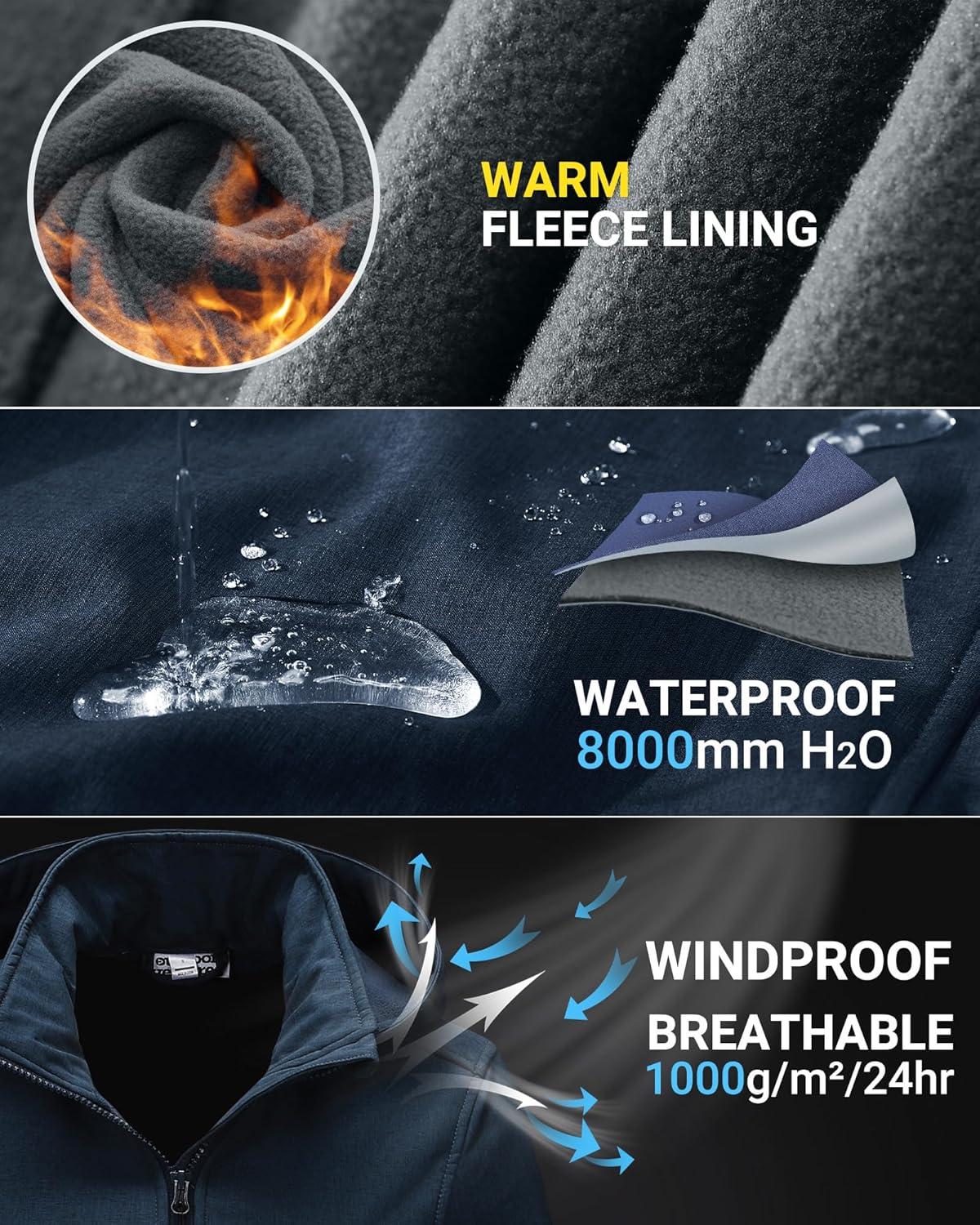 Outdoor Ventures Women’s Softshell Jacket with Removable Hood, Insulated Windbreaker Waterproof Warm Fleece Lined Coat(Blue Melange)