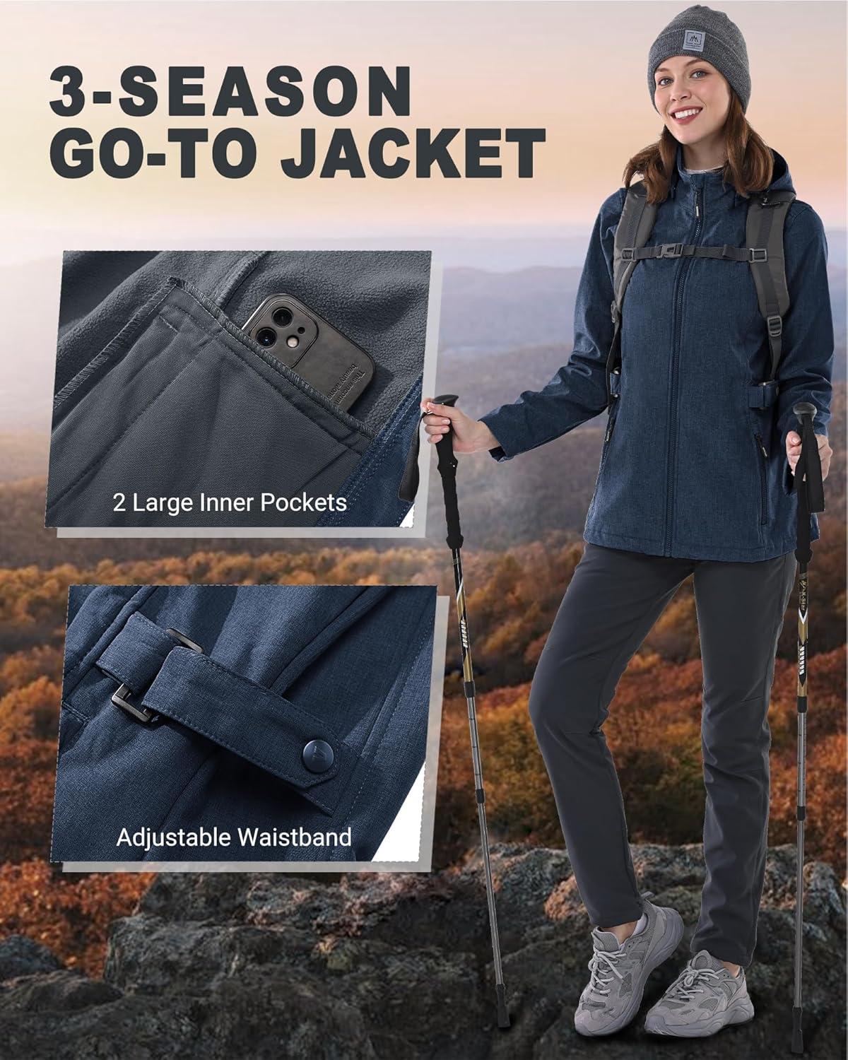Outdoor Ventures Women’s Softshell Jacket with Removable Hood, Insulated Windbreaker Waterproof Warm Fleece Lined Coat(Blue Melange)