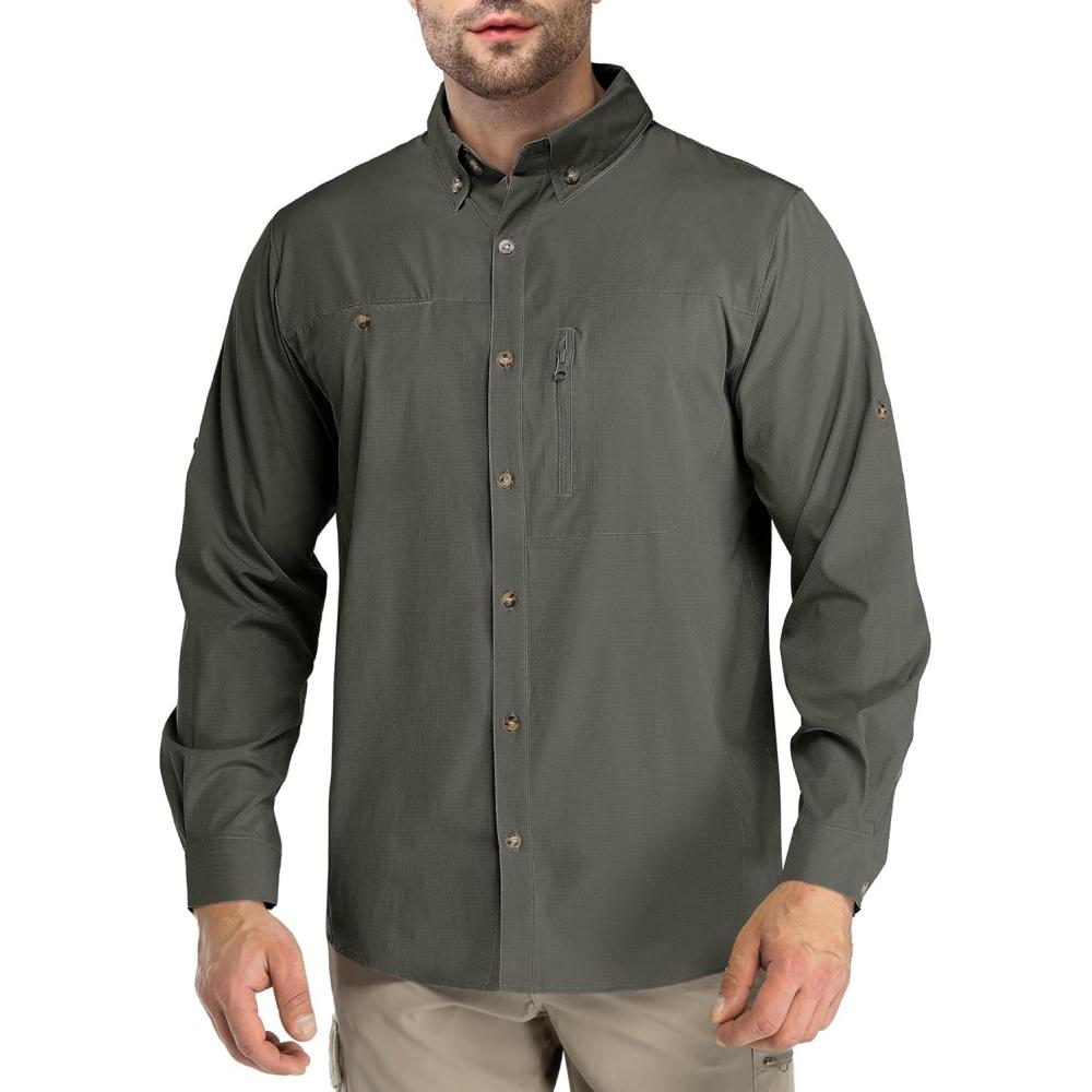 Outdoor Ventures Men’s Long Sleeve Hiking Shirt UPF 50 UV Sun Protection Shirt Cooling Quick Dry for Travel Fishing Safari(Green)