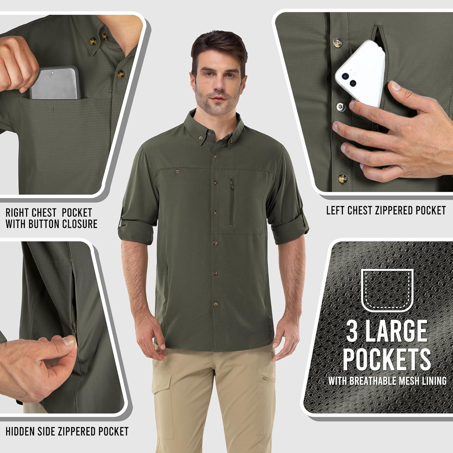 Outdoor Ventures Men’s Long Sleeve Hiking Shirt UPF 50 UV Sun Protection Shirt Cooling Quick Dry for Travel Fishing Safari(Green)