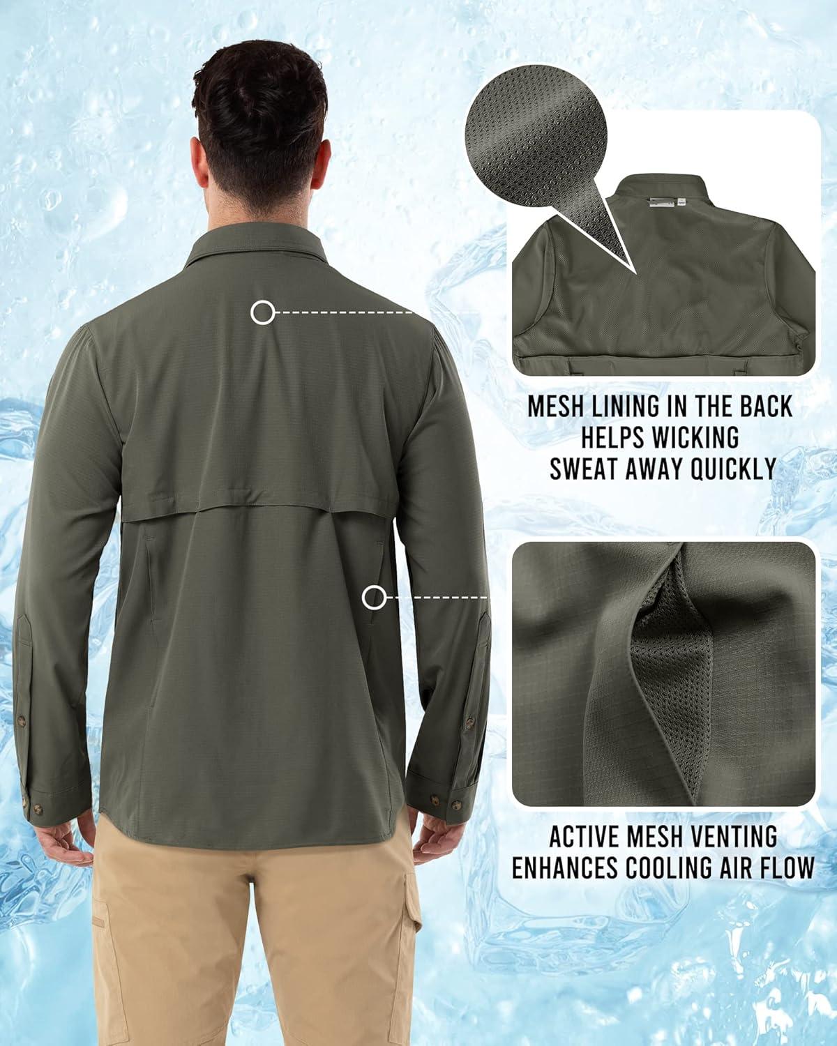 Outdoor Ventures Men’s Long Sleeve Hiking Shirt UPF 50 UV Sun Protection Shirt Cooling Quick Dry for Travel Fishing Safari(Green)