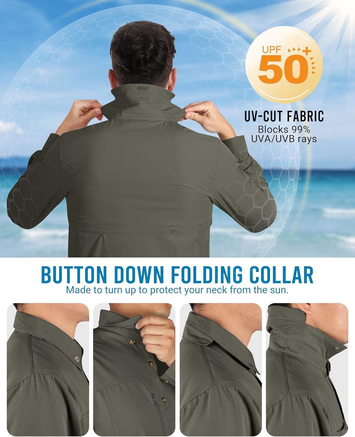 Outdoor Ventures Men’s Long Sleeve Hiking Shirt UPF 50 UV Sun Protection Shirt Cooling Quick Dry for Travel Fishing Safari(Green)