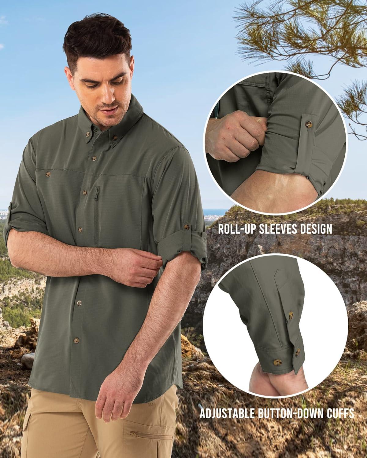 Outdoor Ventures Men’s Long Sleeve Hiking Shirt UPF 50 UV Sun Protection Shirt Cooling Quick Dry for Travel Fishing Safari(Green)