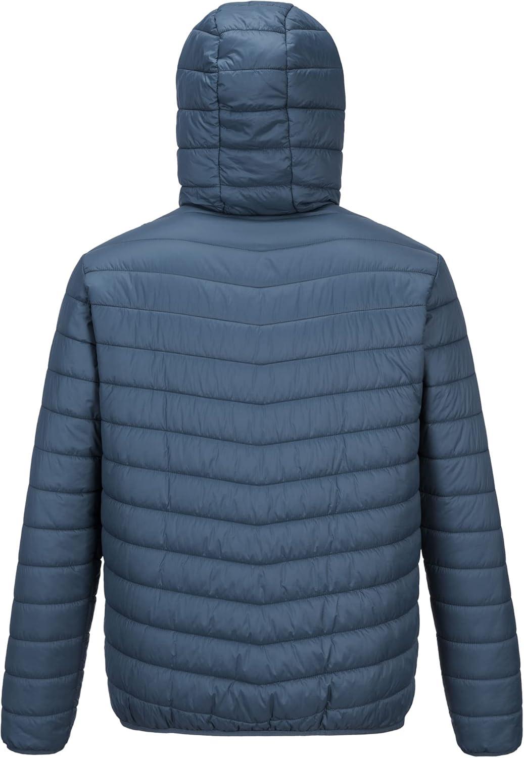Outdoor Ventures Men’s Lightweight Packable Hooded Puffer Jacket Insulated Winter Coat for Snow Ski Traveling(Blue(fold in Bag))