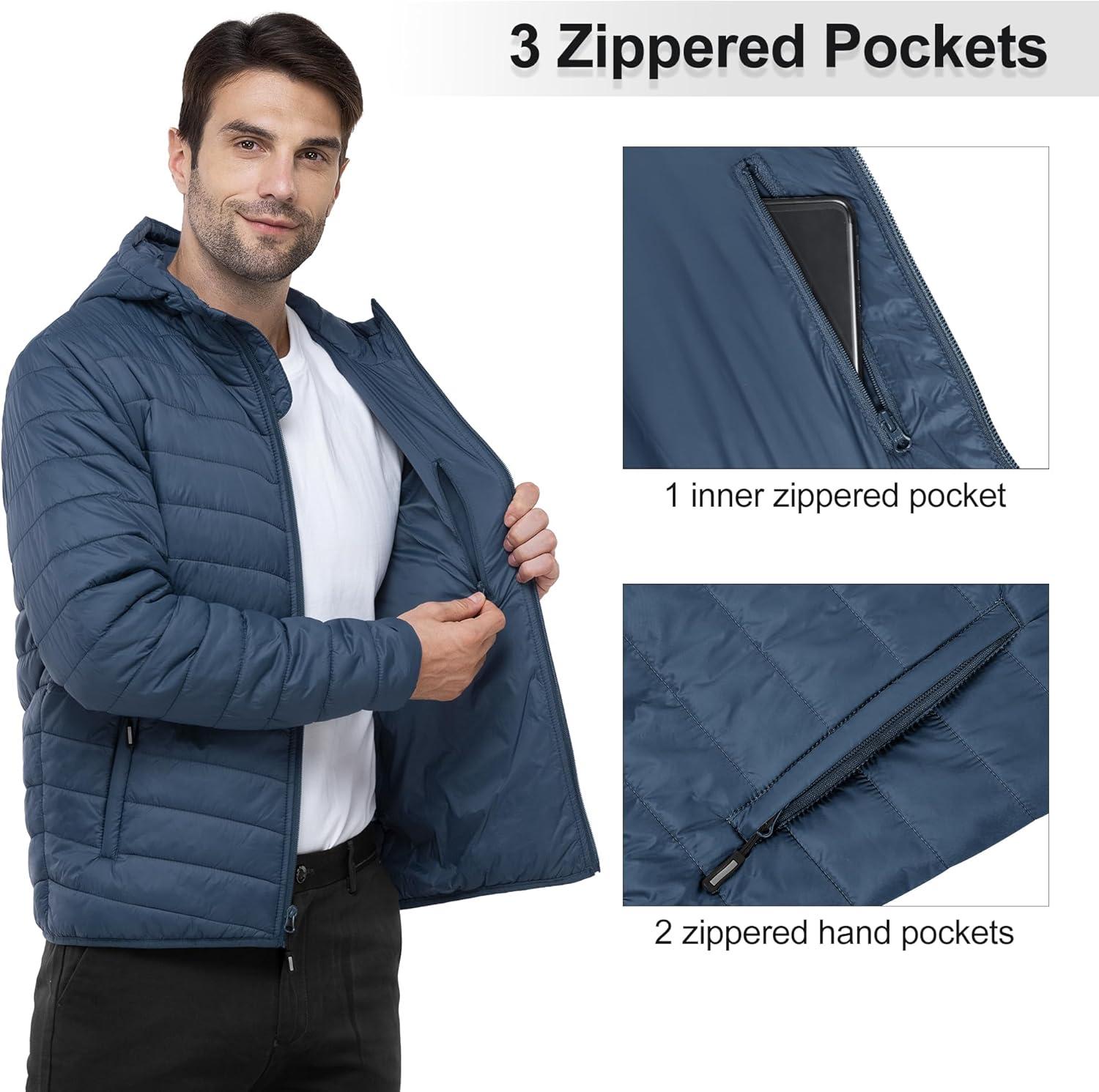 Outdoor Ventures Men’s Lightweight Packable Hooded Puffer Jacket Insulated Winter Coat for Snow Ski Traveling(Blue(fold in Bag))