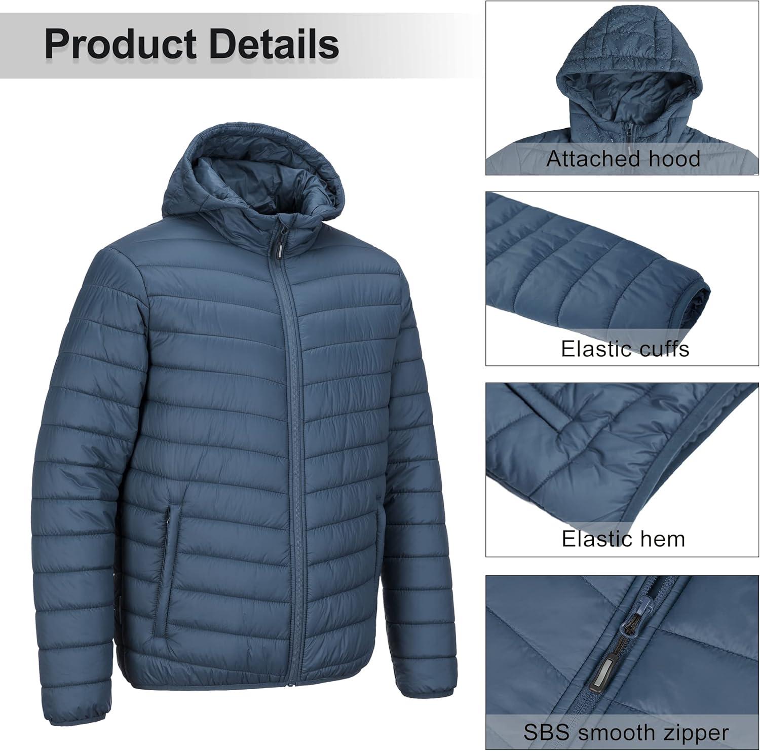 Outdoor Ventures Men’s Lightweight Packable Hooded Puffer Jacket Insulated Winter Coat for Snow Ski Traveling(Blue(fold in Bag))