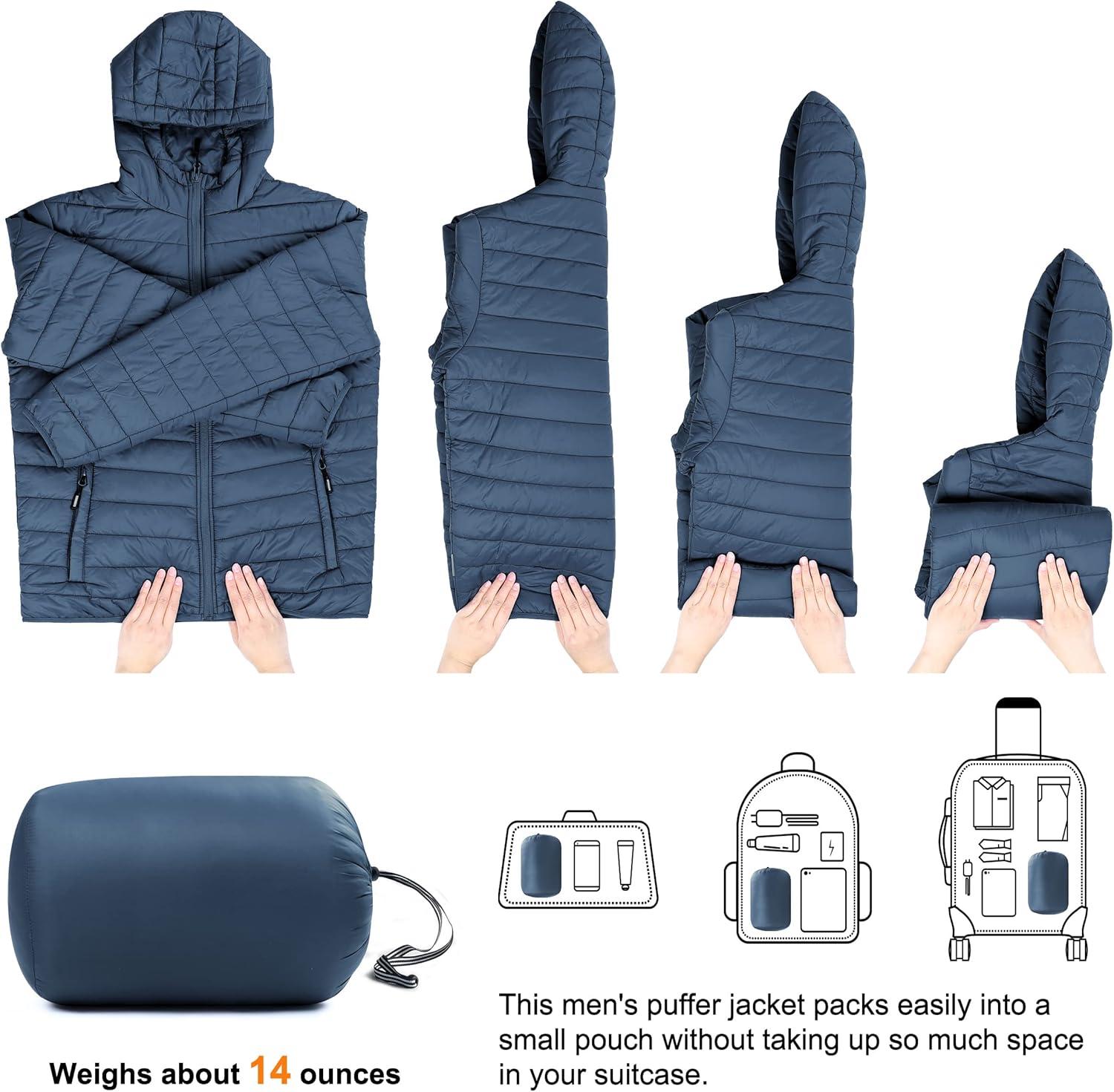 Outdoor Ventures Men’s Lightweight Packable Hooded Puffer Jacket Insulated Winter Coat for Snow Ski Traveling(Blue(fold in Bag))