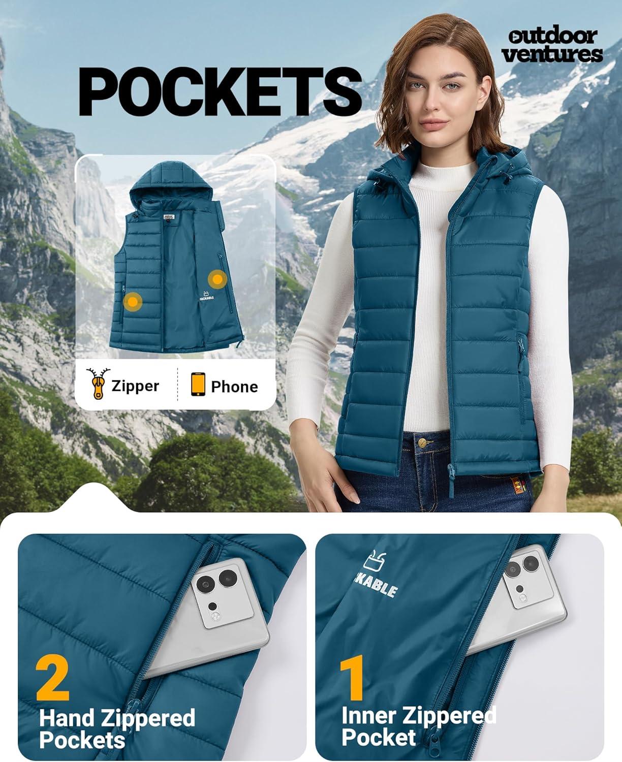 Outdoor Ventures Women’s Lightweight Packable Hooded Puffer Vest Outerwear Zip Up Warm Sleeveless Winter Jacket Quilted Coat(Modern Blue)