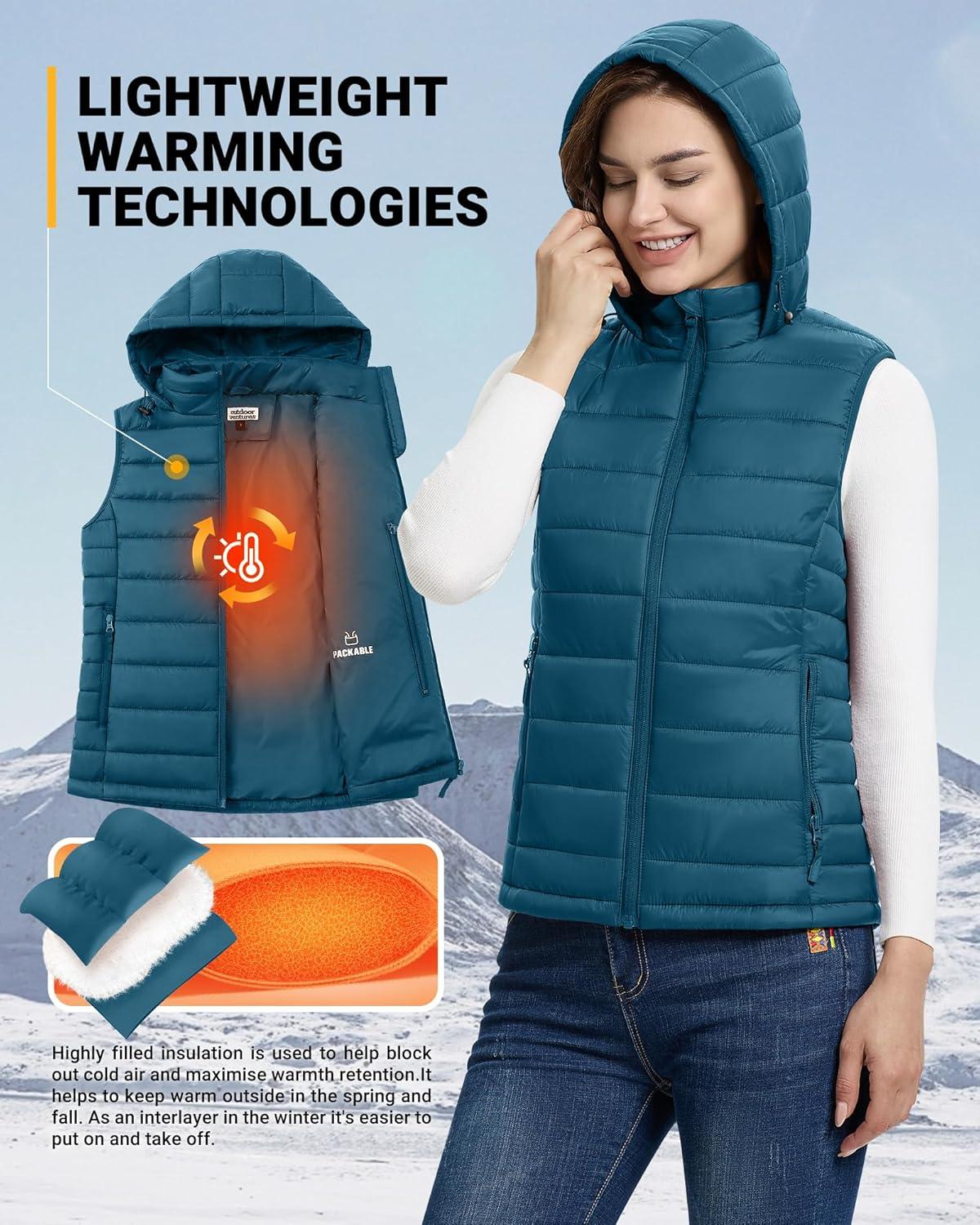 Outdoor Ventures Women’s Lightweight Packable Hooded Puffer Vest Outerwear Zip Up Warm Sleeveless Winter Jacket Quilted Coat(Modern Blue)