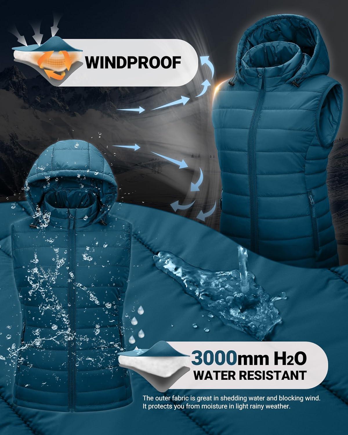 Outdoor Ventures Women’s Lightweight Packable Hooded Puffer Vest Outerwear Zip Up Warm Sleeveless Winter Jacket Quilted Coat(Modern Blue)