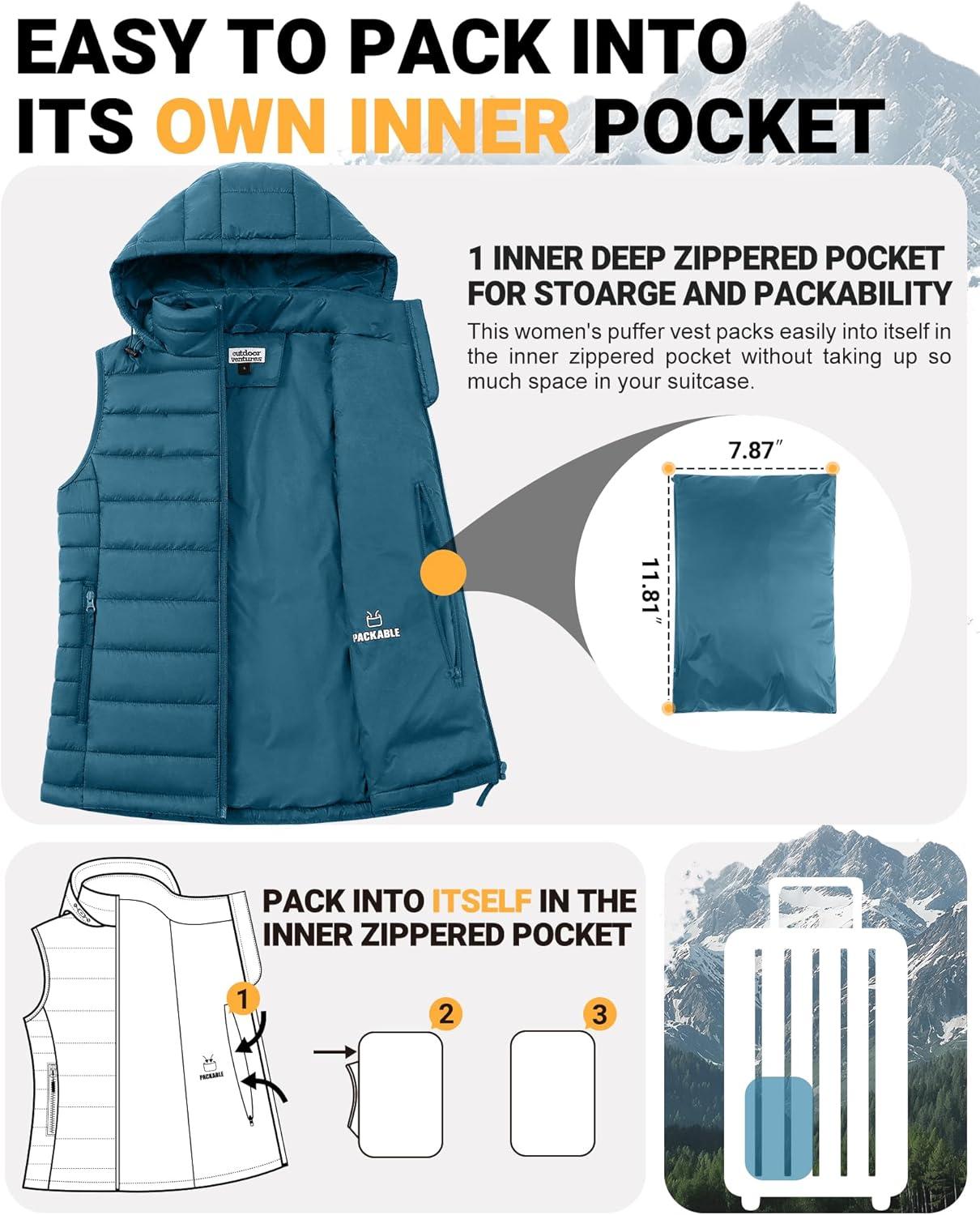 Outdoor Ventures Women’s Lightweight Packable Hooded Puffer Vest Outerwear Zip Up Warm Sleeveless Winter Jacket Quilted Coat(Modern Blue)