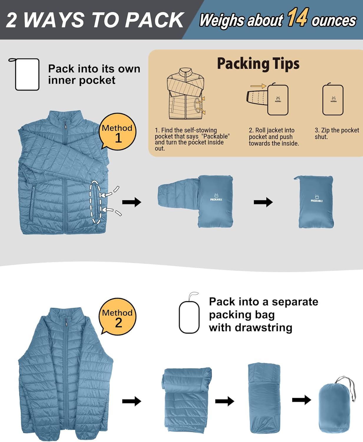 Outdoor Ventures Men’s Lightweight Packable Puffer Winter Jacket Insulated Puffy Coat for Snow Ski Hiking Travel(Grayish Blue(fold in Pocket Or Bag))