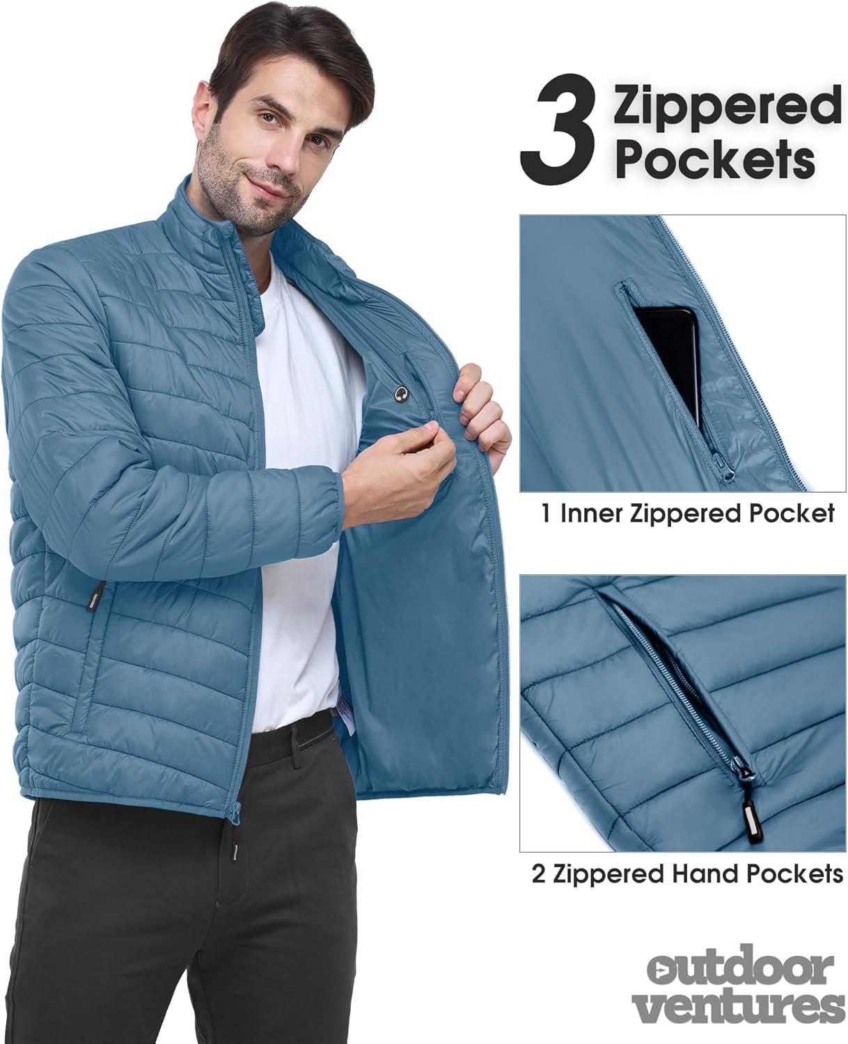 Outdoor Ventures Men’s Lightweight Packable Puffer Winter Jacket Insulated Puffy Coat for Snow Ski Hiking Travel(Grayish Blue(fold in Pocket Or Bag))