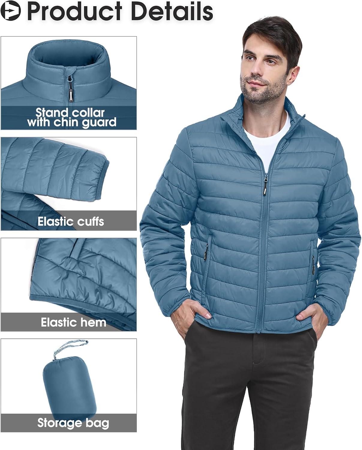 Outdoor Ventures Men’s Lightweight Packable Puffer Winter Jacket Insulated Puffy Coat for Snow Ski Hiking Travel(Grayish Blue(fold in Pocket Or Bag))