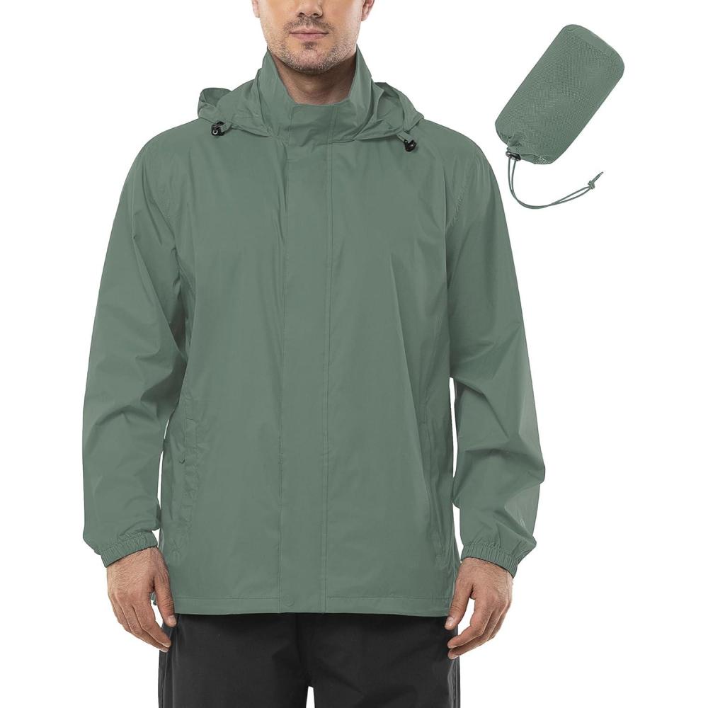 Outdoor Ventures Men’s Rain Jacket Waterproof Lightweight Packable Rain Shell Raincoat with Hood for Golf Hiking Travel(Green Gray)