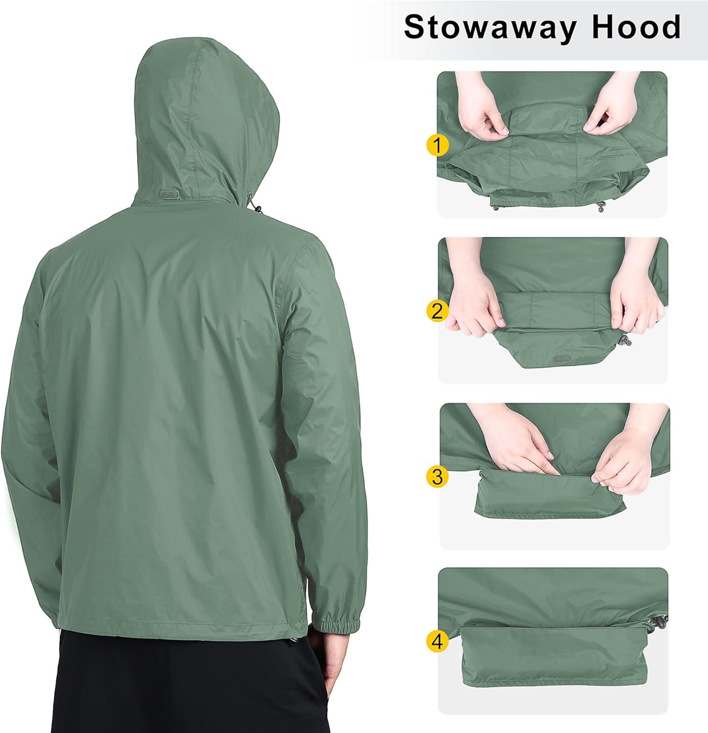 Outdoor Ventures Men’s Rain Jacket Waterproof Lightweight Packable Rain Shell Raincoat with Hood for Golf Hiking Travel(Green Gray)
