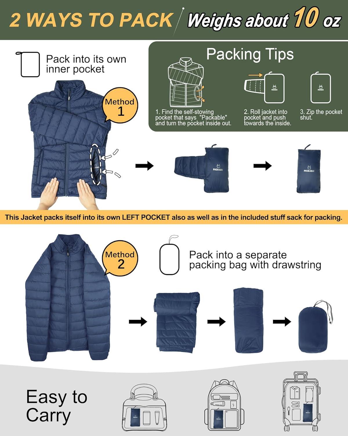 Outdoor Ventures Women’s Packable Full-Zip Short Puffer Jacket Insulated Quilted Warm Lightweight Winter Coat(Navy(fold in Pocket))