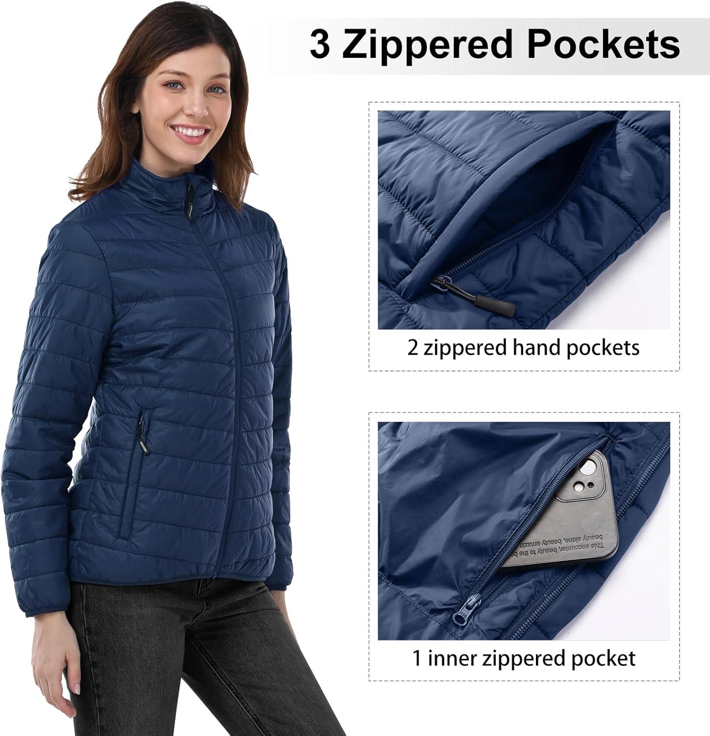 Outdoor Ventures Women’s Packable Full-Zip Short Puffer Jacket Insulated Quilted Warm Lightweight Winter Coat(Navy(fold in Pocket))
