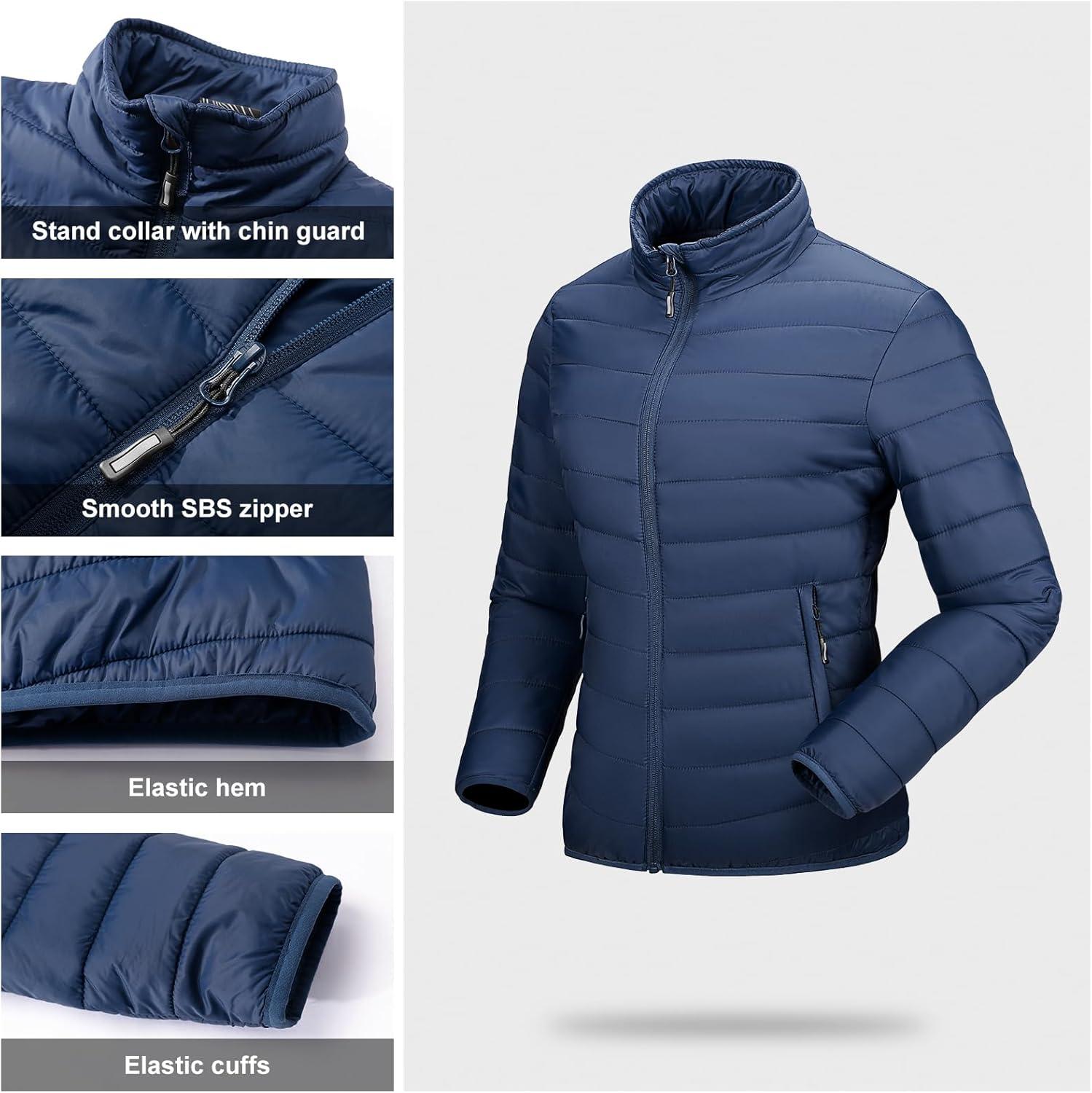 Outdoor Ventures Women’s Packable Full-Zip Short Puffer Jacket Insulated Quilted Warm Lightweight Winter Coat(Navy(fold in Pocket))
