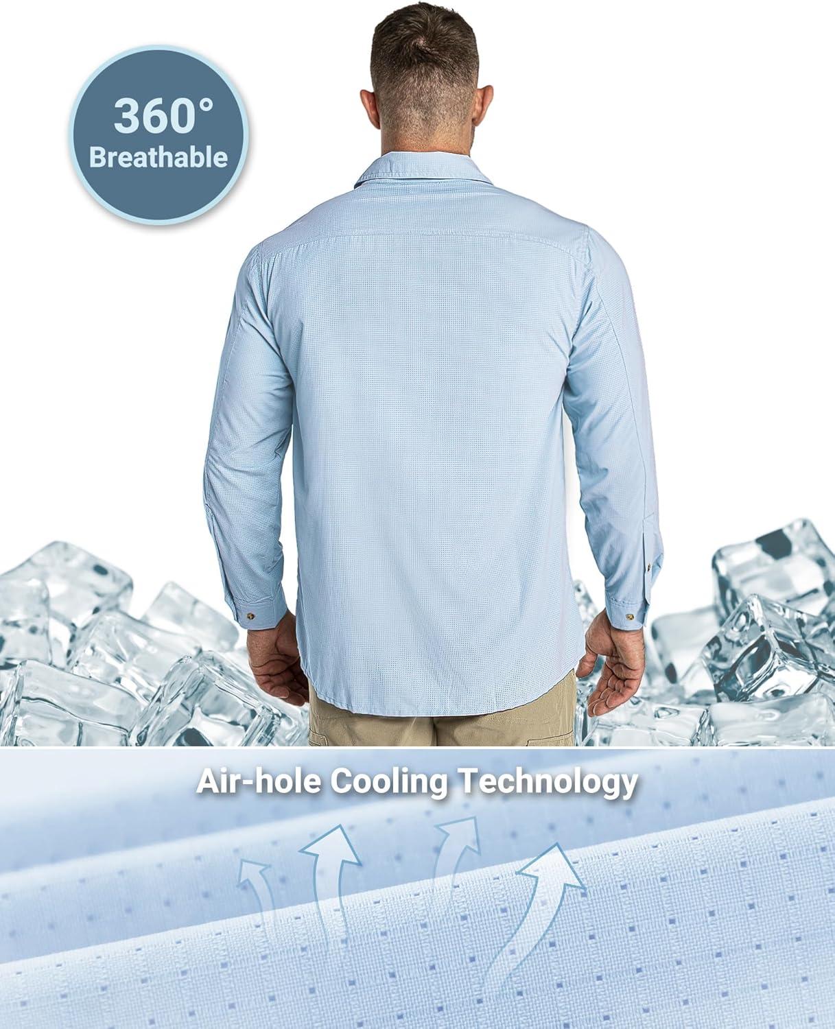 Outdoor Ventures Men’s UPF 50+ UV Sun Protection Shirt, Long Sleeve Hiking Fishing Shirt Cooling Quick Dry for Safari Travel(Light Blue)