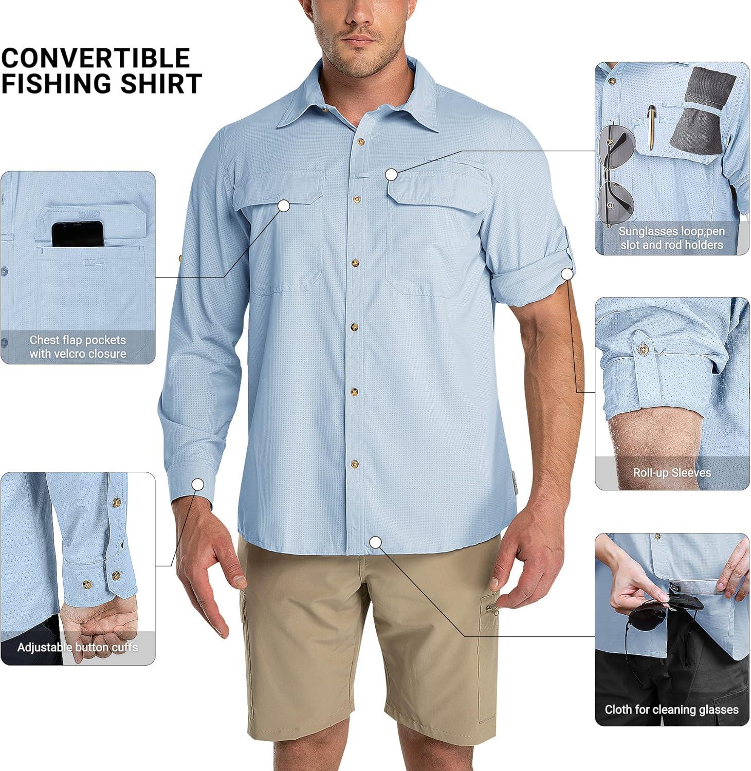 Outdoor Ventures Men’s UPF 50+ UV Sun Protection Shirt, Long Sleeve Hiking Fishing Shirt Cooling Quick Dry for Safari Travel(Light Blue)