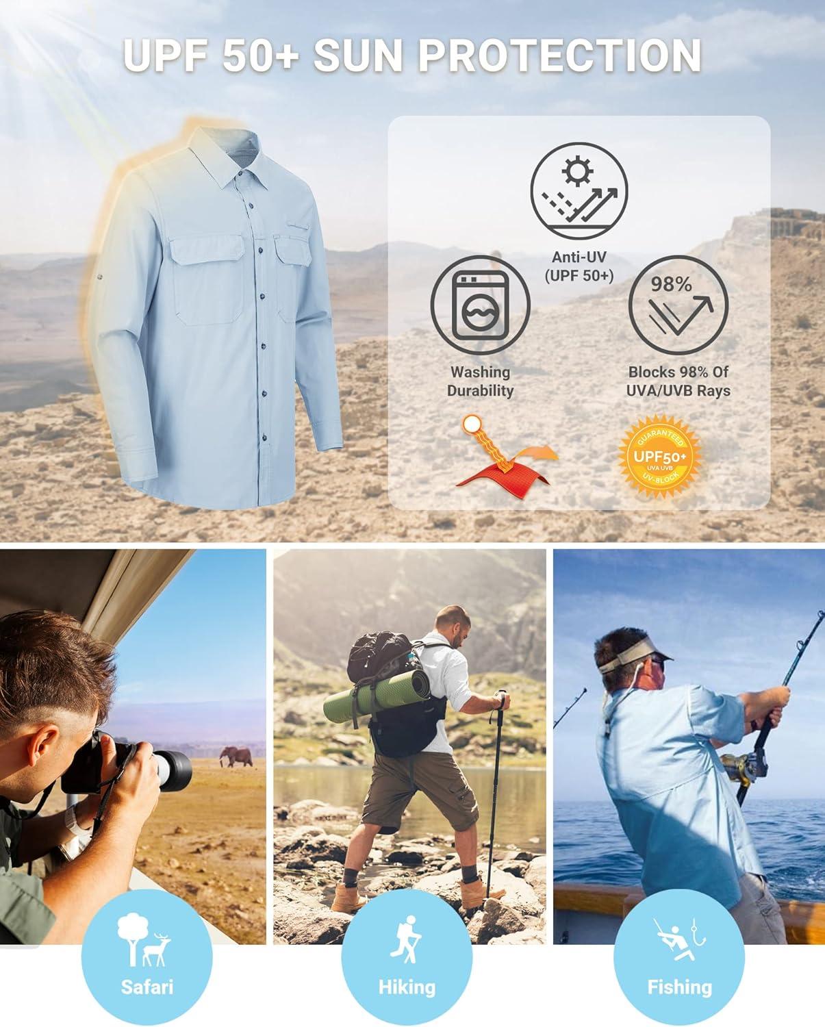 Outdoor Ventures Men’s UPF 50+ UV Sun Protection Shirt, Long Sleeve Hiking Fishing Shirt Cooling Quick Dry for Safari Travel(Light Blue)