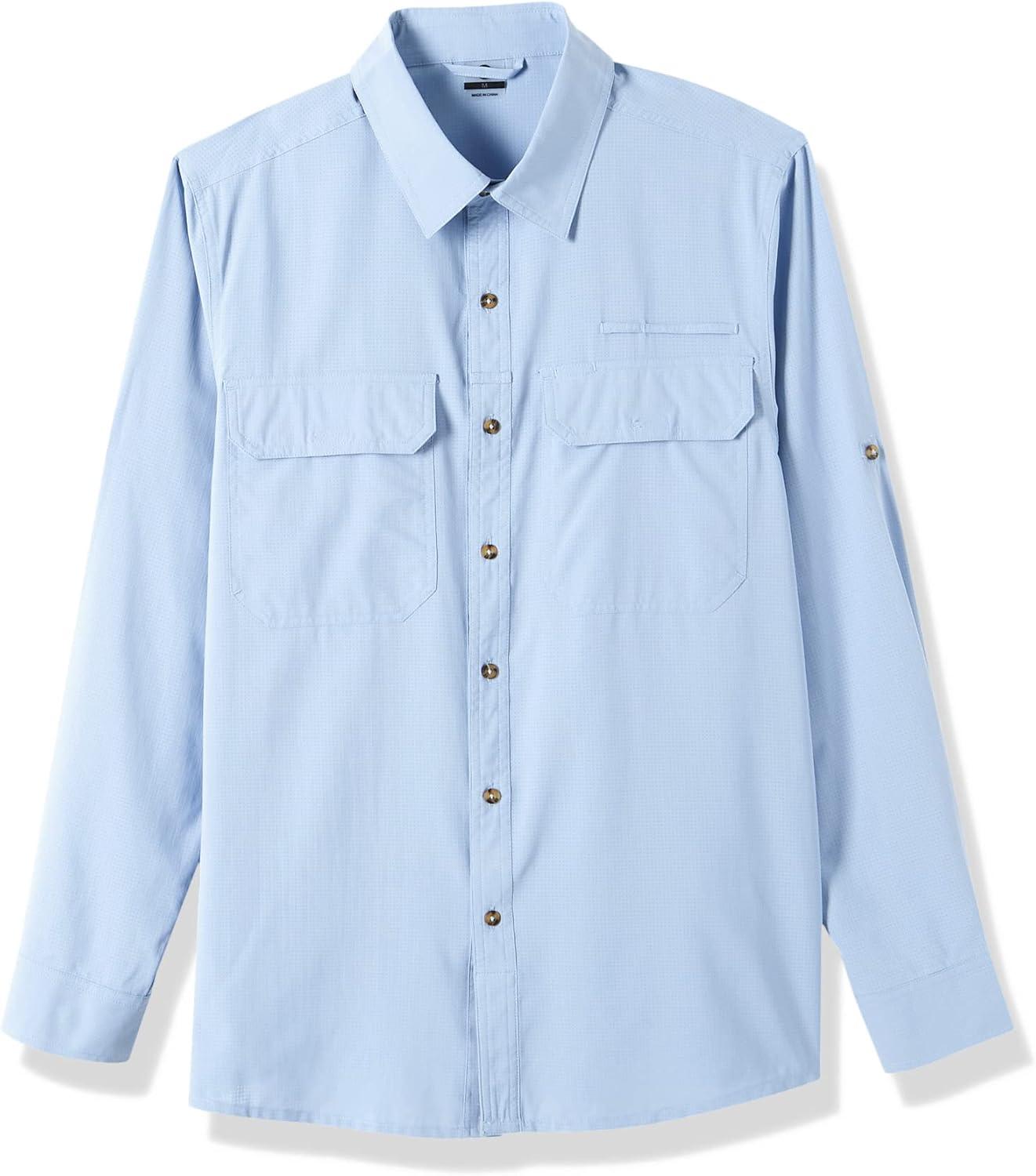 Outdoor Ventures Men’s UPF 50+ UV Sun Protection Shirt, Long Sleeve Hiking Fishing Shirt Cooling Quick Dry for Safari Travel(Light Blue)