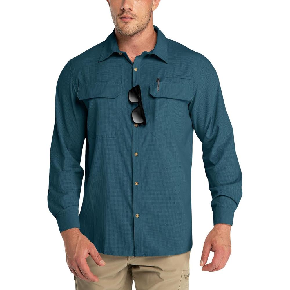 Outdoor Ventures Men’s UPF 50+ UV Sun Protection Shirt, Long Sleeve Hiking Fishing Shirt Cooling Quick Dry for Safari Travel(Dark Green)