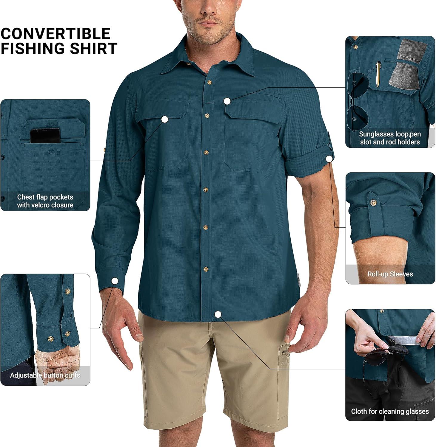 Outdoor Ventures Men’s UPF 50+ UV Sun Protection Shirt, Long Sleeve Hiking Fishing Shirt Cooling Quick Dry for Safari Travel(Dark Green)