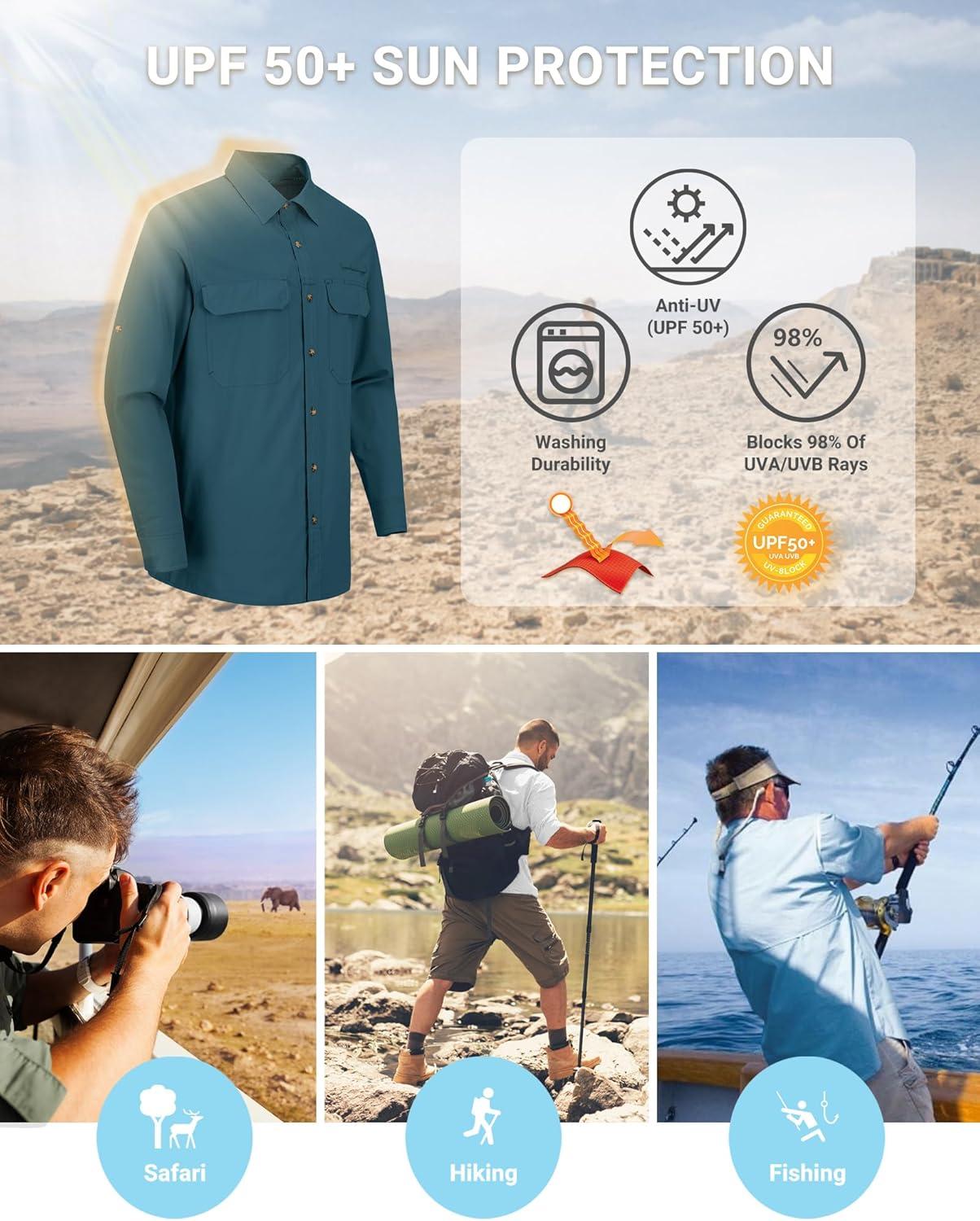 Outdoor Ventures Men’s UPF 50+ UV Sun Protection Shirt, Long Sleeve Hiking Fishing Shirt Cooling Quick Dry for Safari Travel(Dark Green)