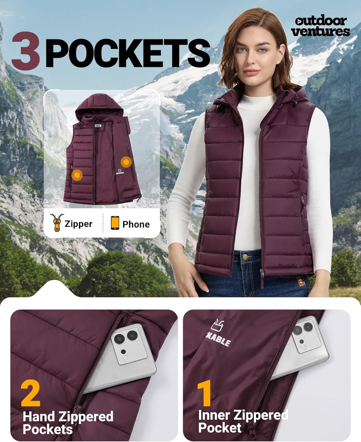 Outdoor Ventures Women’s Lightweight Packable Hooded Puffer Vest Outerwear Zip Up Warm Sleeveless Winter Jacket Quilted Coat(Eggplant)