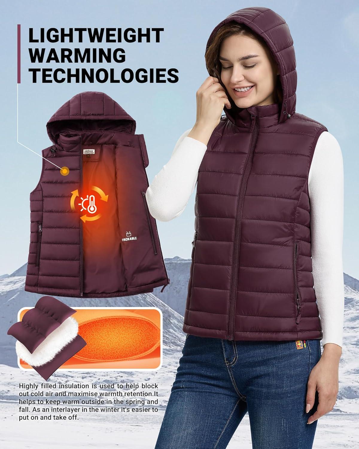 Outdoor Ventures Women’s Lightweight Packable Hooded Puffer Vest Outerwear Zip Up Warm Sleeveless Winter Jacket Quilted Coat(Eggplant)