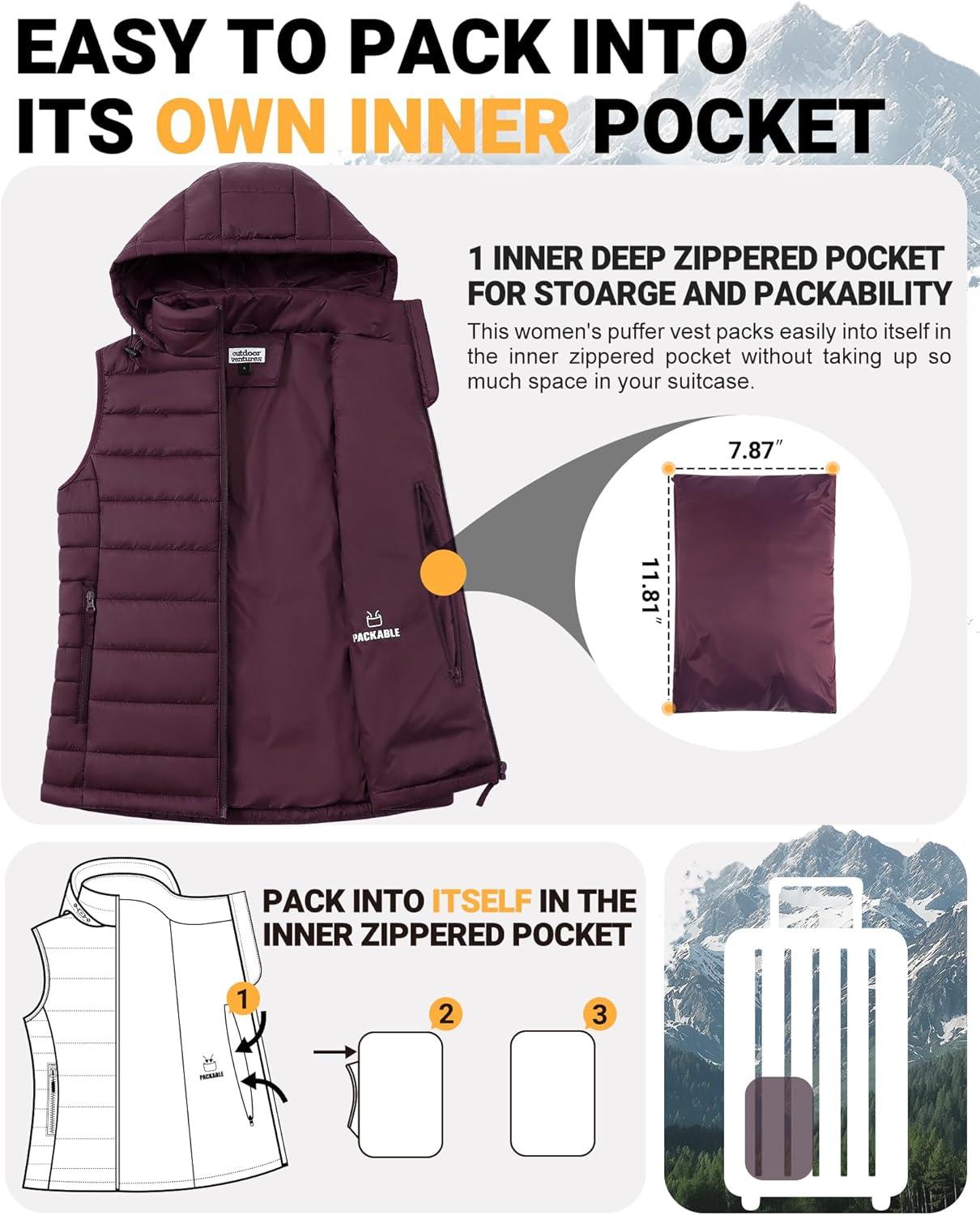 Outdoor Ventures Women’s Lightweight Packable Hooded Puffer Vest Outerwear Zip Up Warm Sleeveless Winter Jacket Quilted Coat(Eggplant)