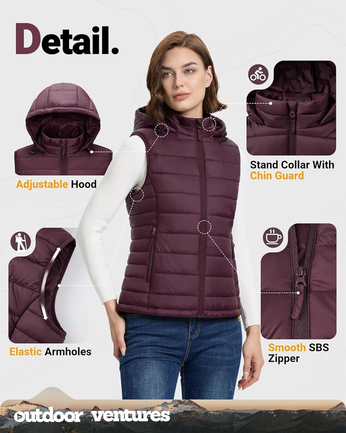 Outdoor Ventures Women’s Lightweight Packable Hooded Puffer Vest Outerwear Zip Up Warm Sleeveless Winter Jacket Quilted Coat(Eggplant)