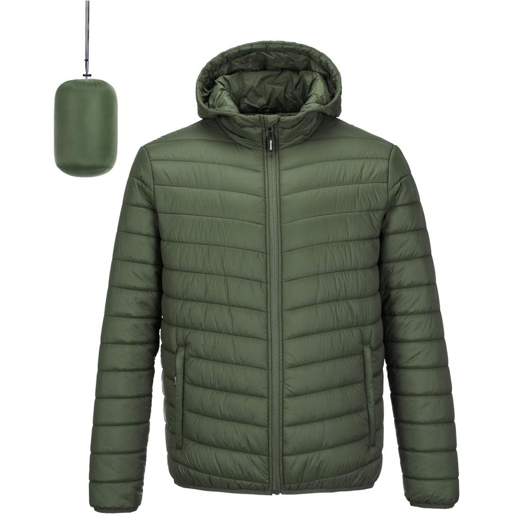 Outdoor Ventures Men’s Lightweight Packable Hooded Puffer Jacket Insulated Winter Coat for Snow Ski Traveling(Army Green(fold in Bag))