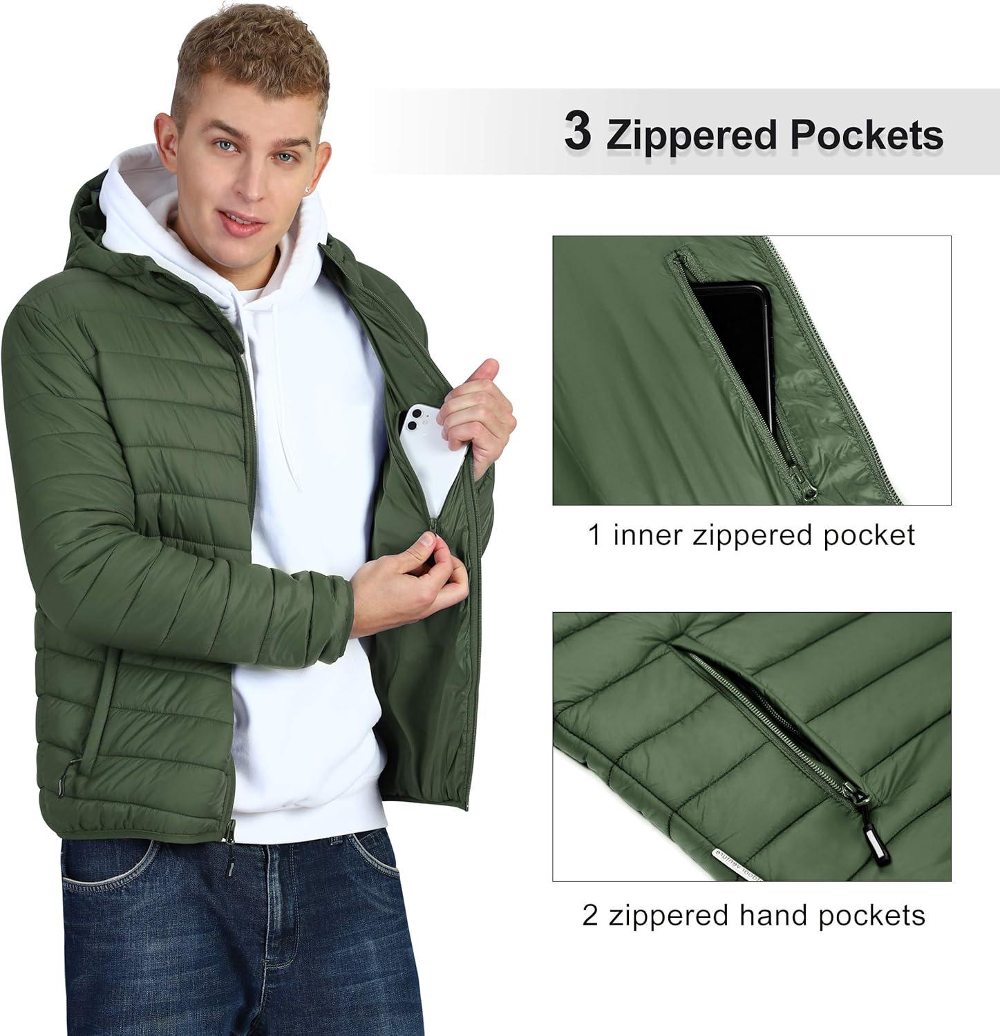 Outdoor Ventures Men’s Lightweight Packable Hooded Puffer Jacket Insulated Winter Coat for Snow Ski Traveling(Army Green(fold in Bag))