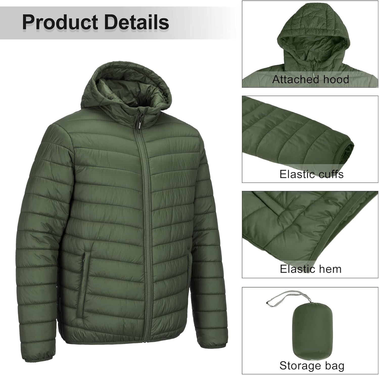 Outdoor Ventures Men’s Lightweight Packable Hooded Puffer Jacket Insulated Winter Coat for Snow Ski Traveling(Army Green(fold in Bag))