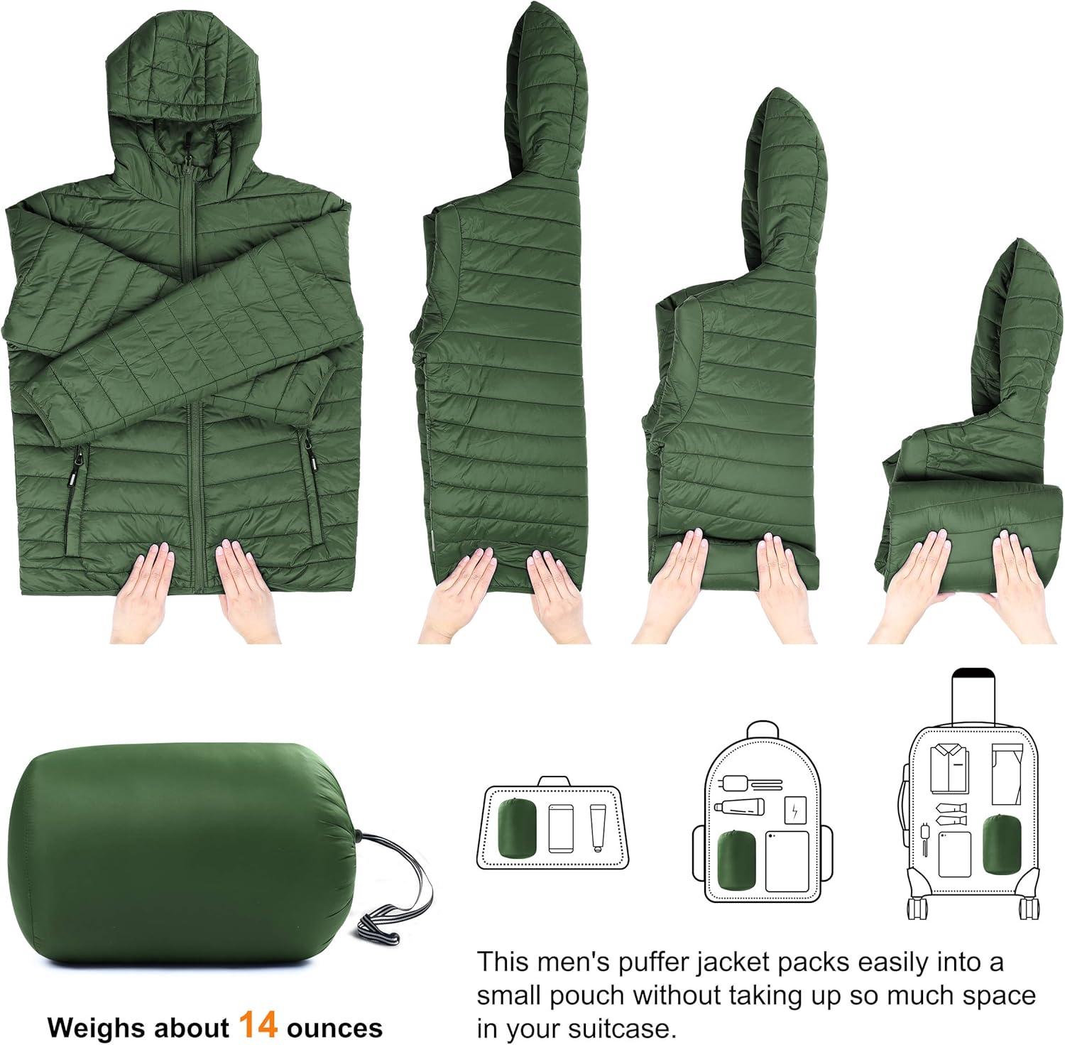 Outdoor Ventures Men’s Lightweight Packable Hooded Puffer Jacket Insulated Winter Coat for Snow Ski Traveling(Army Green(fold in Bag))