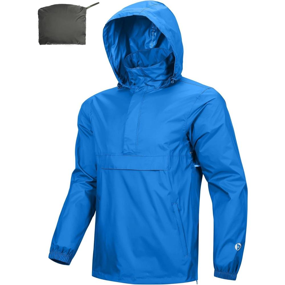Outdoor Ventures Men’s Rain Jacket Waterproof Lightweight Packable Rain Pullover for Hiking Golf Running(Bright Blue)